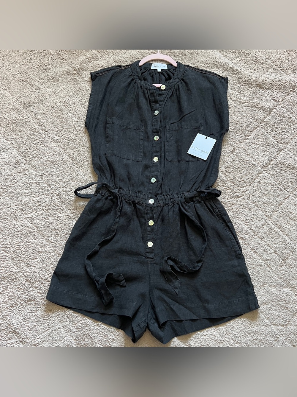 NWT Bella Dahl Linen Button Down Utility Romper Stretch Preppy Old Money Sz S